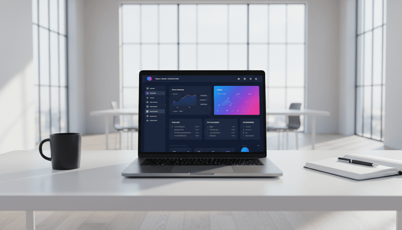 Laptop displaying a digital product creation dashboard in a bright modern workspace