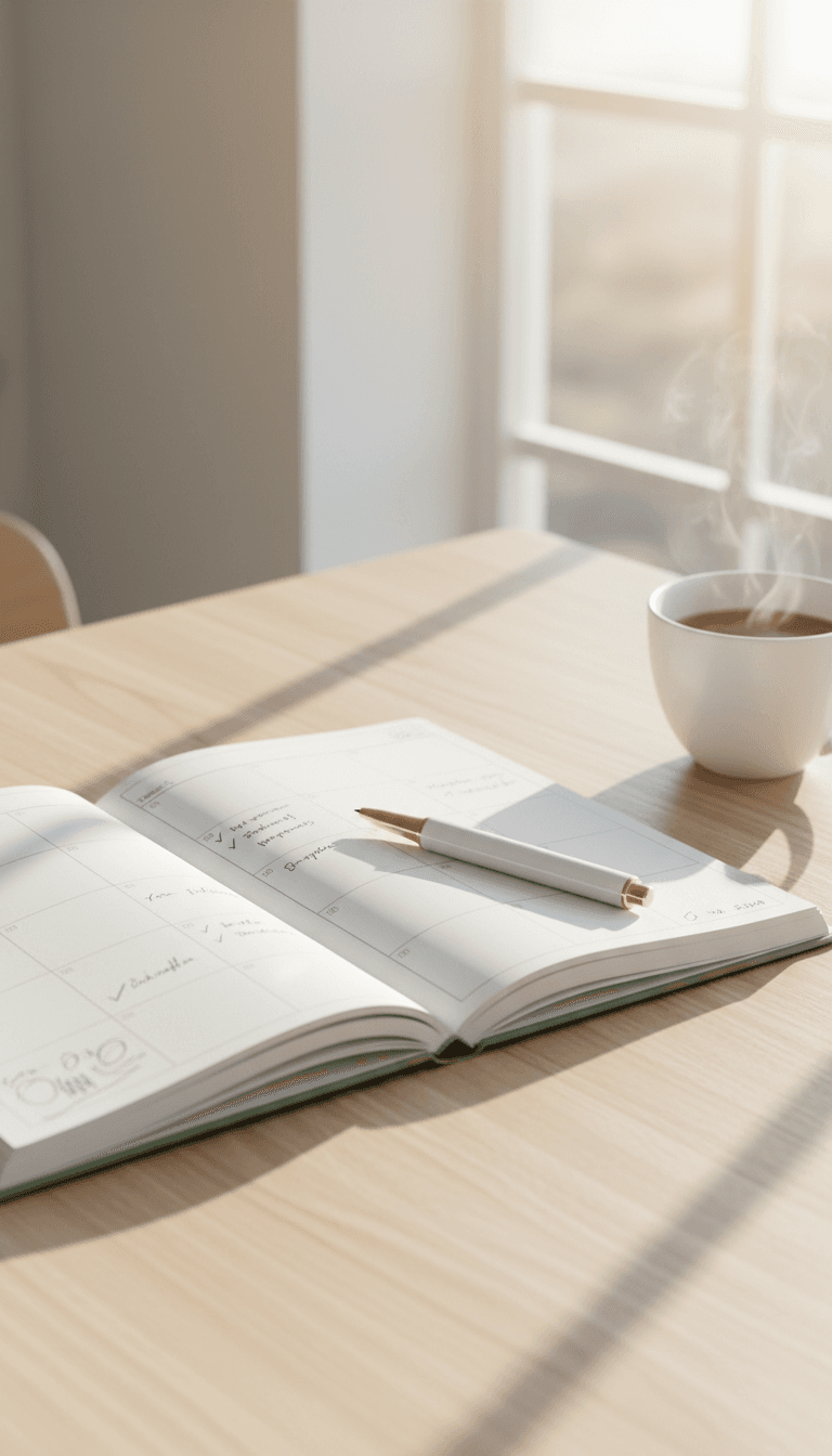 Open planner with a pen on a kitchen table