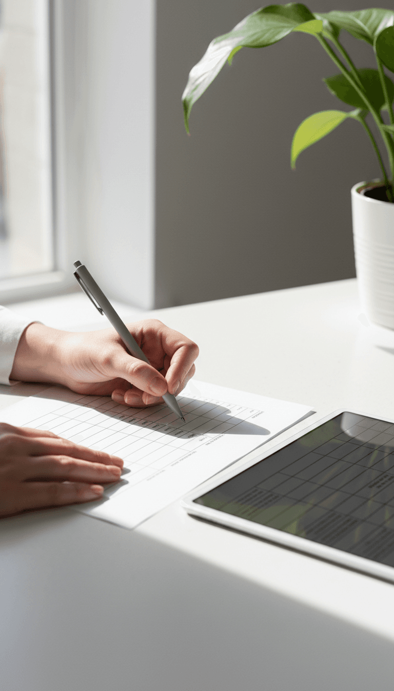 Hands writing on a worksheet with a tablet nearby